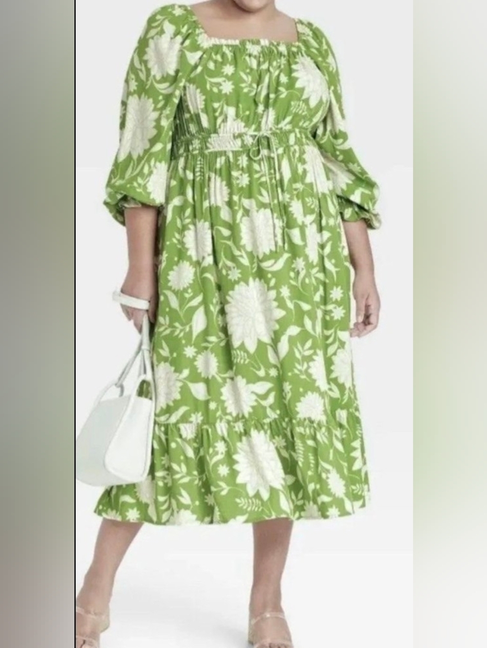 Ava-Viv Women’s Tropical Floral Midi Ballon Long Sleeve Dress Size 2X